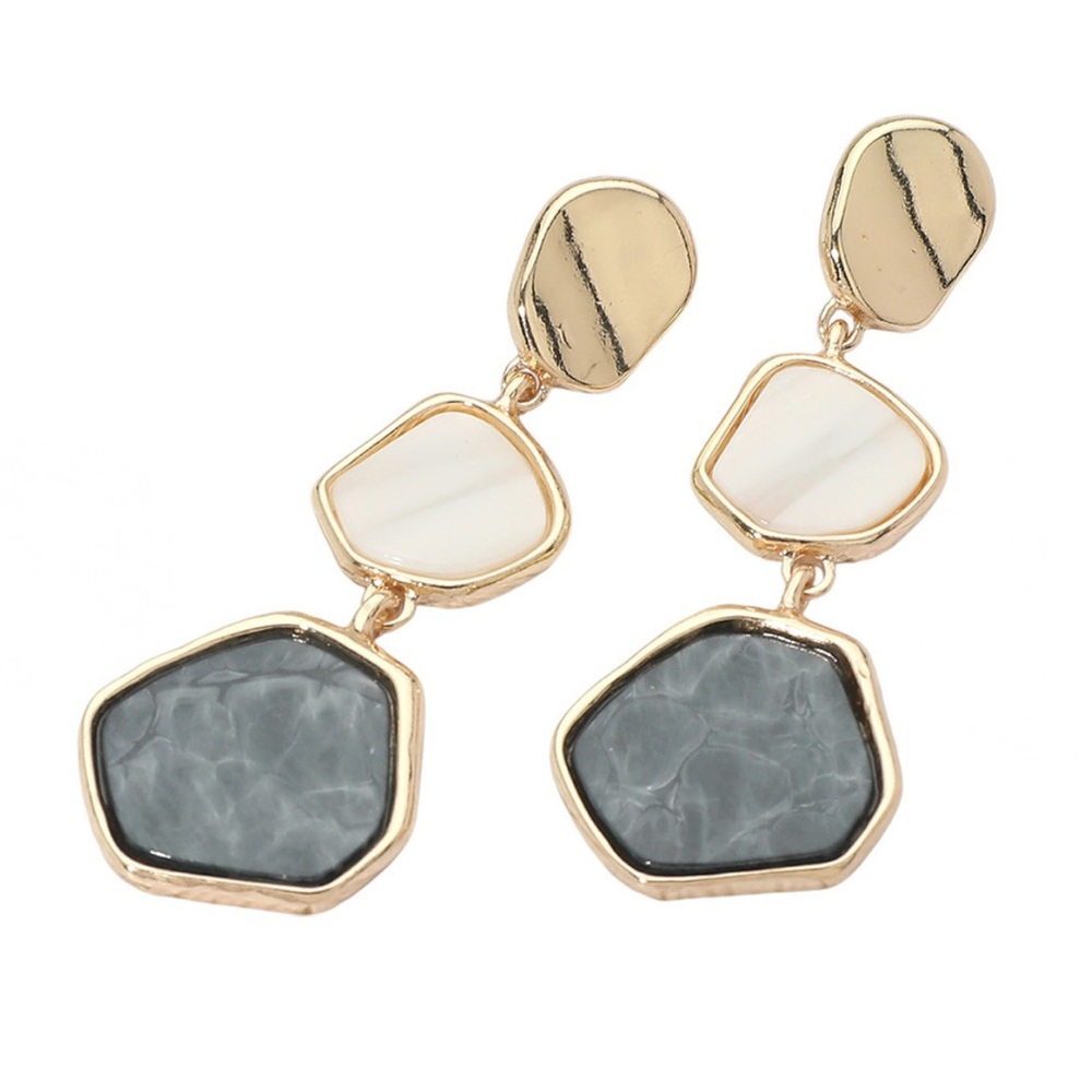 Long Gold Gray & Cream Statement Earrings